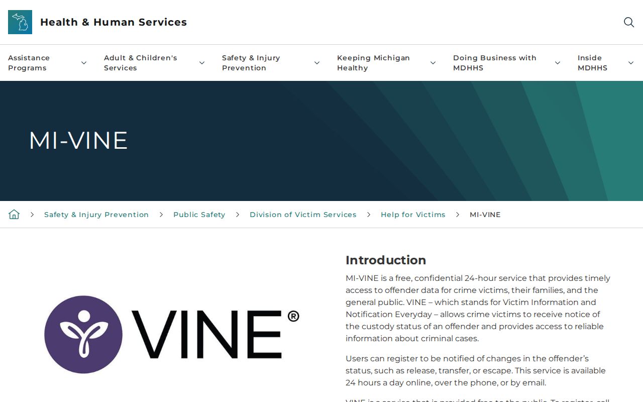 Washtenaw County custody notification and release-record access through Michigan MI-VINE