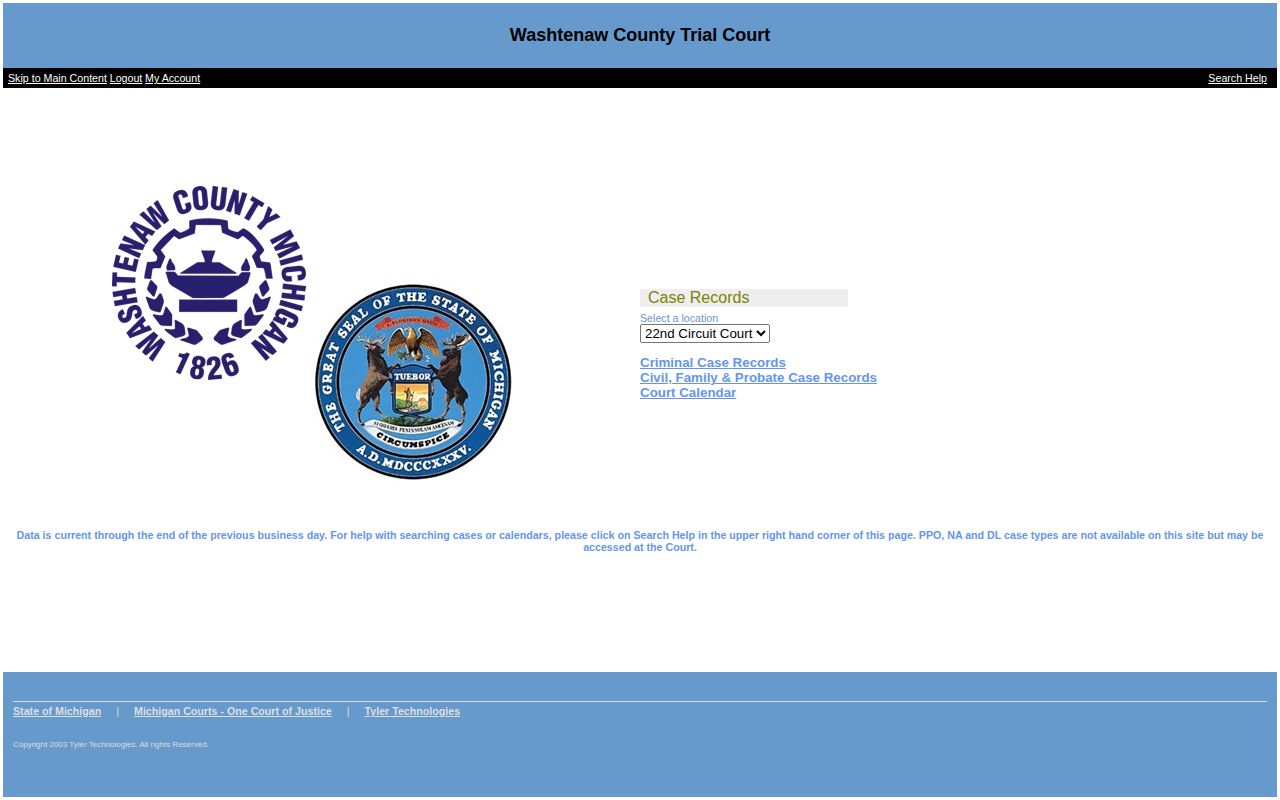 Washtenaw County court disposition record search through Trial Court Odyssey