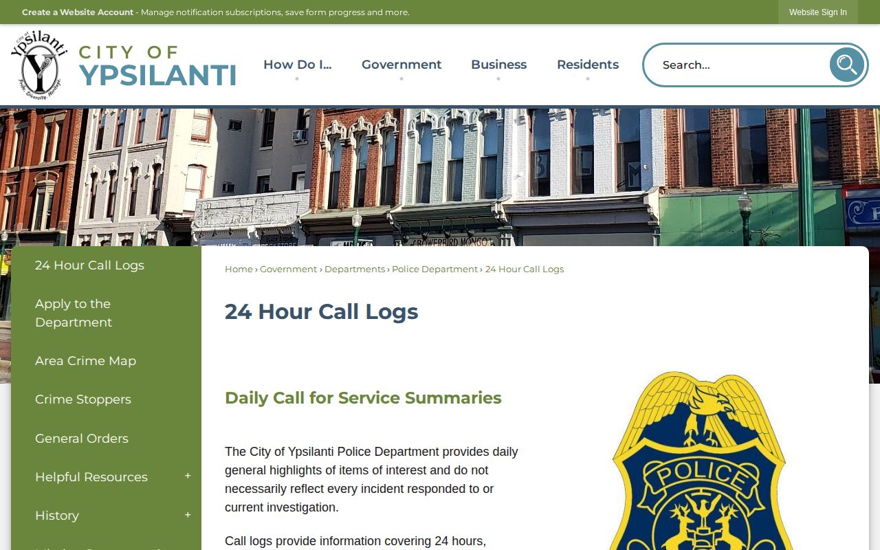 Ypsilanti 24-Hour Call Logs official incident record interface